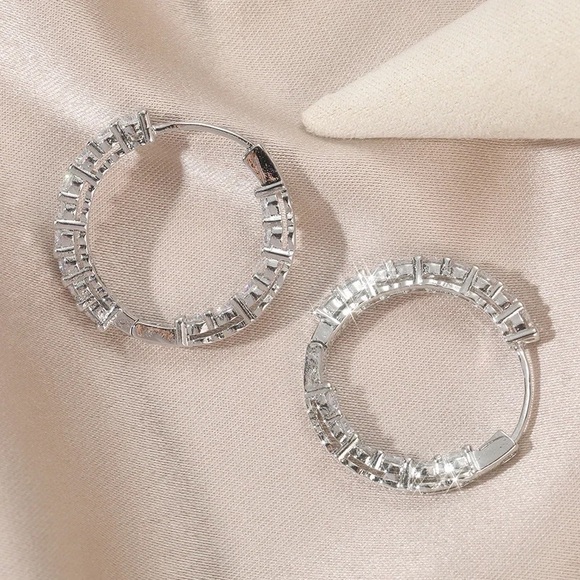 0.16-0.18Ct Princess or Round Eternity Hoop Double Forward Inlay Silver Earrings - Picture 15 of 16